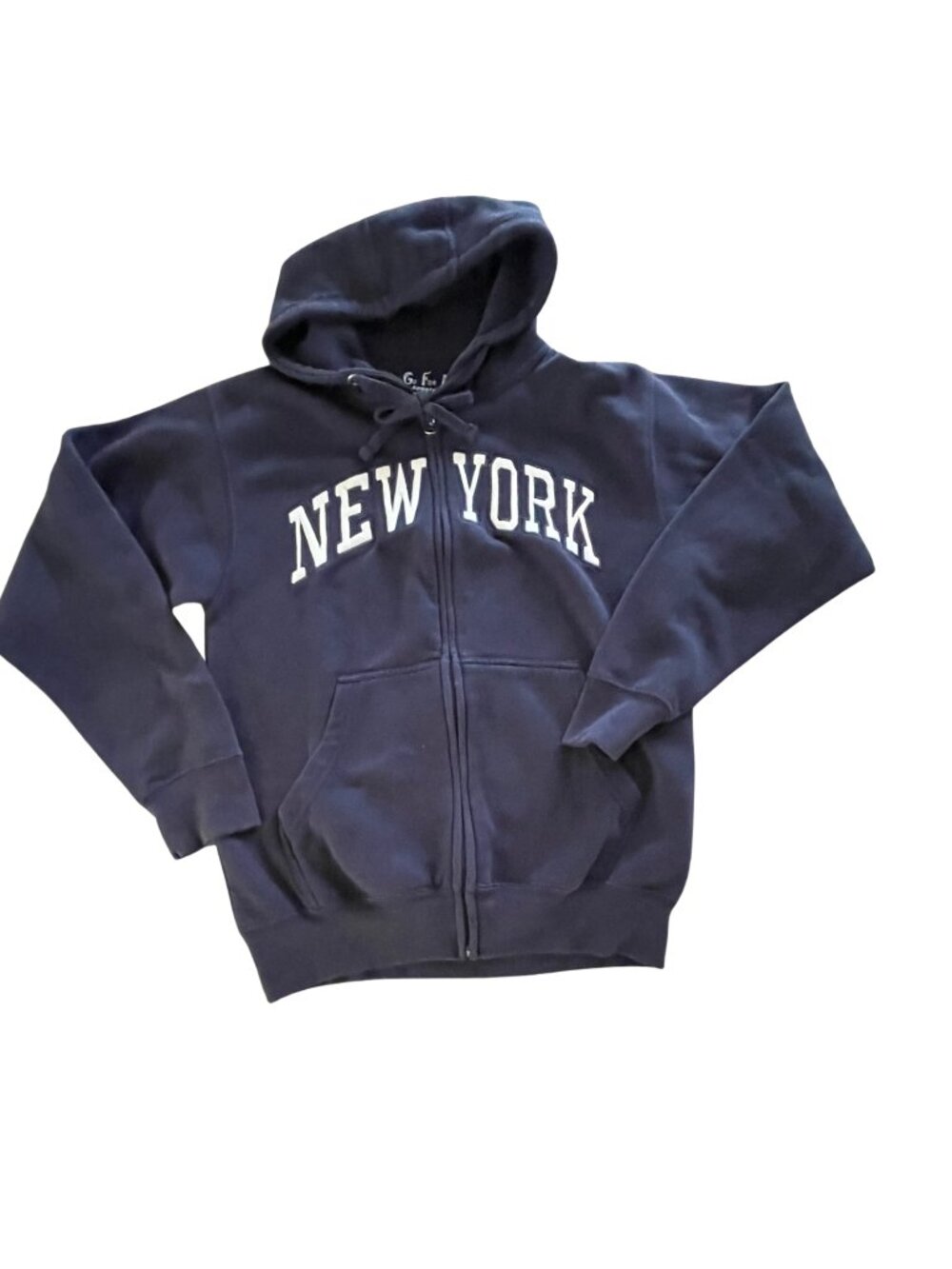 Embroidered Zip-up New York Hoodie, Navy Blue, Size Small